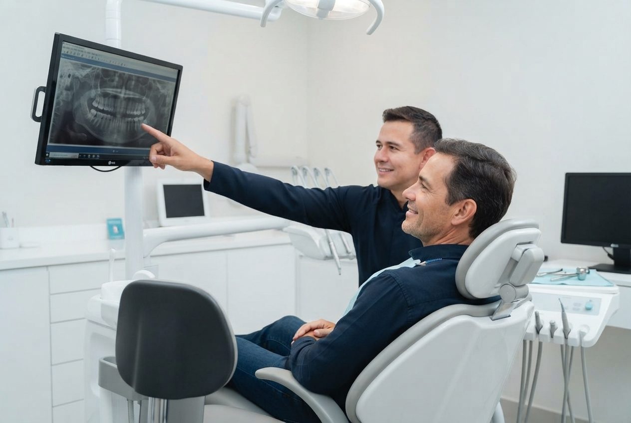 Dentista mostrando a radiografia ao paciente